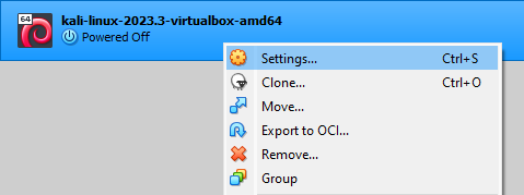 VirtualBox Settings Right Click